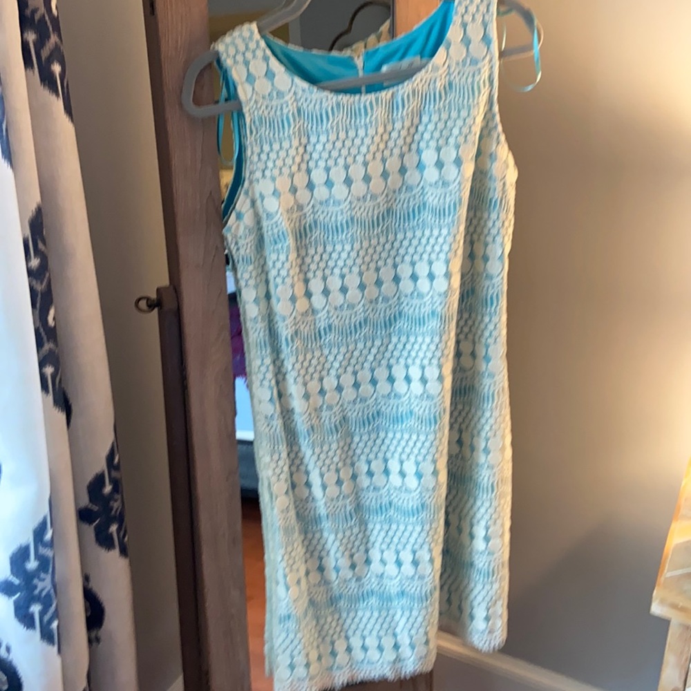 Eliza J cream and teal dress